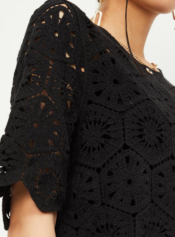 Women Knit Round Neck Crochet Top