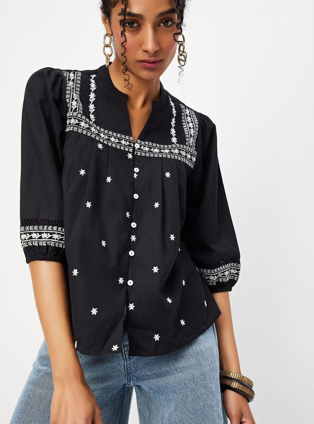 Women Embroidered Blouson Sleeve Blouse