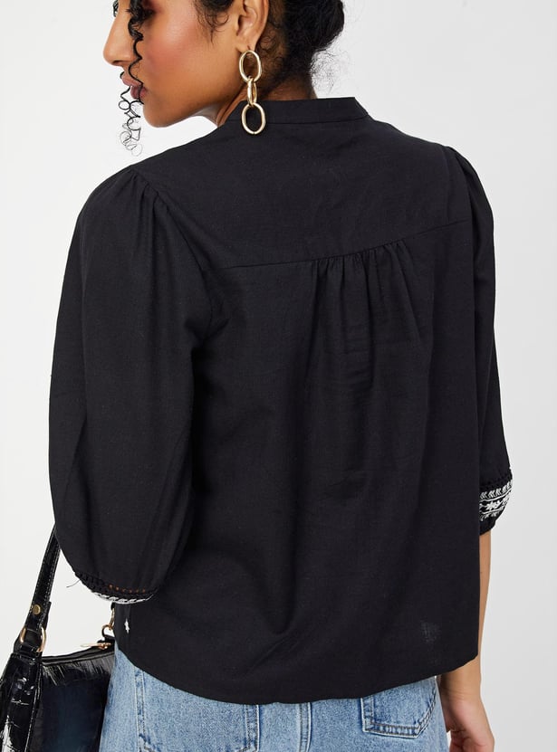 Women Embroidered Blouson Sleeve Blouse