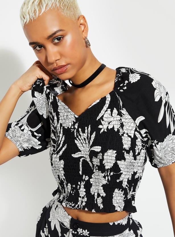 URB_N Women Printed Smocked Crop Top