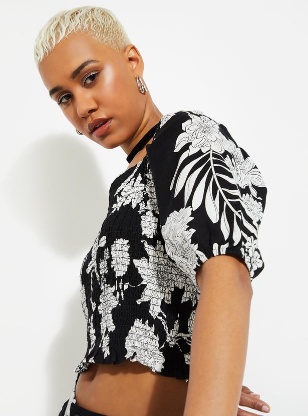 URB_N Women Printed Smocked Crop Top