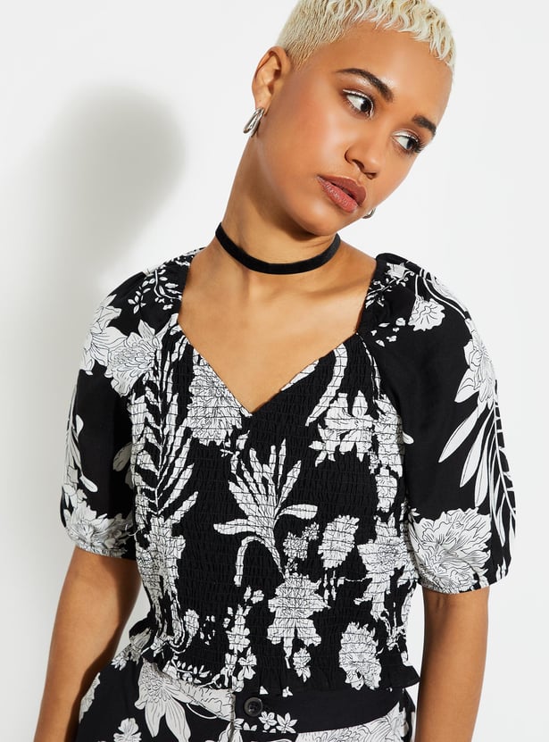URB_N Women Printed Smocked Crop Top