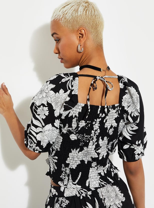 URB_N Women Printed Smocked Crop Top