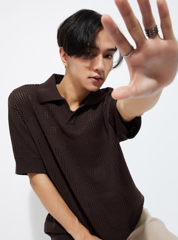 Buy URB_N Men Oversized Pointelle Knit Polo T-shirt Online at just