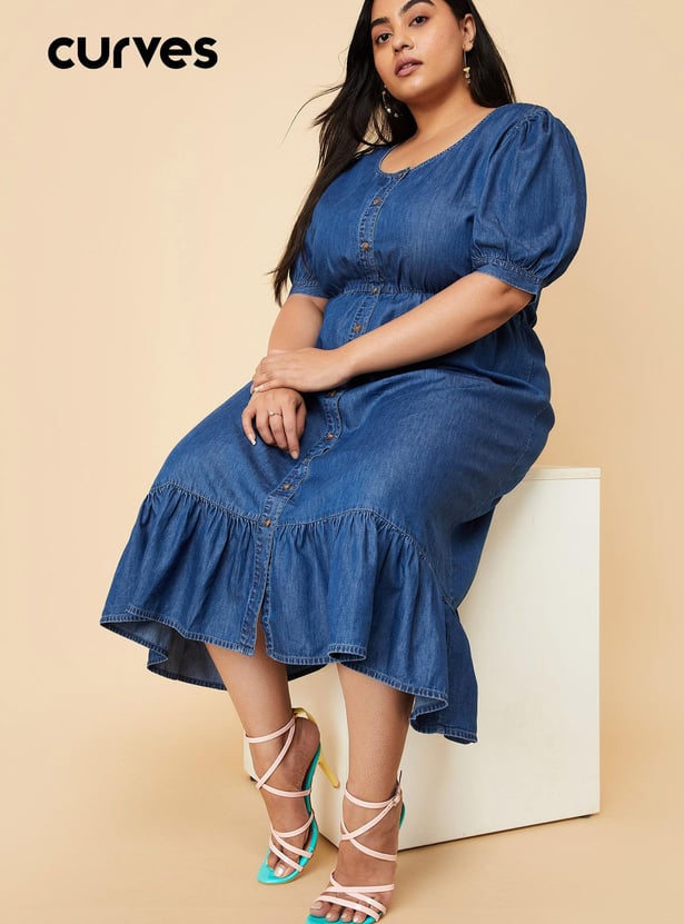 Women Solid Denim Midi Dress