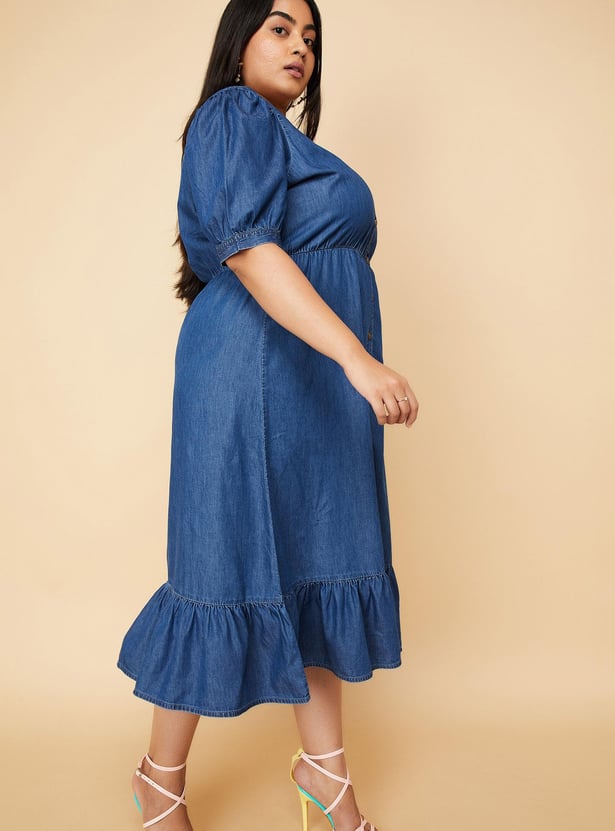 Women Solid Denim Midi Dress