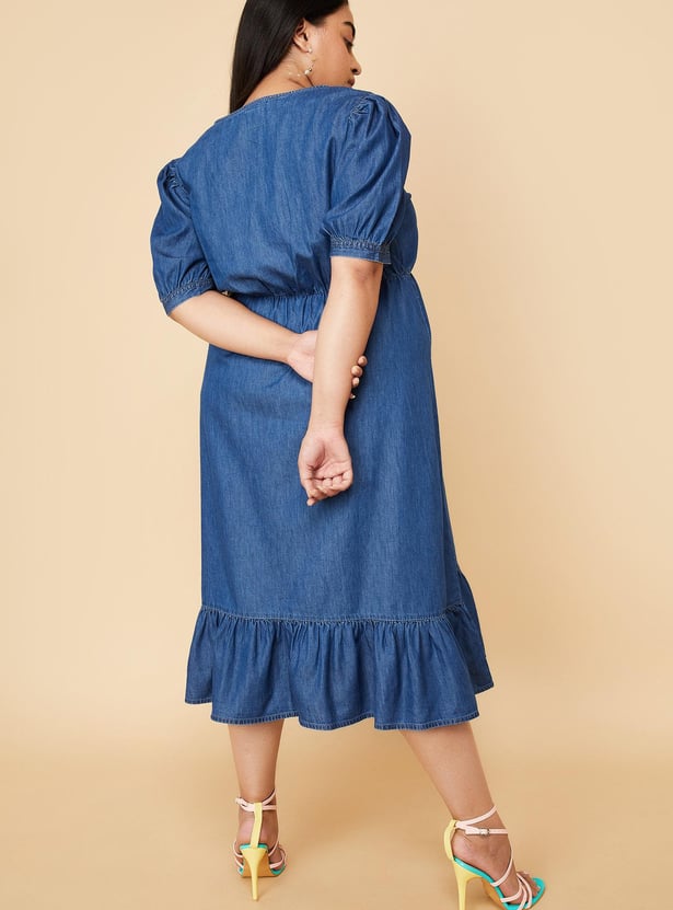 Women Solid Denim Midi Dress