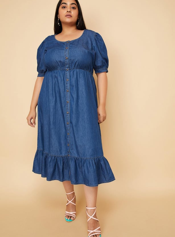 Women Solid Denim Midi Dress