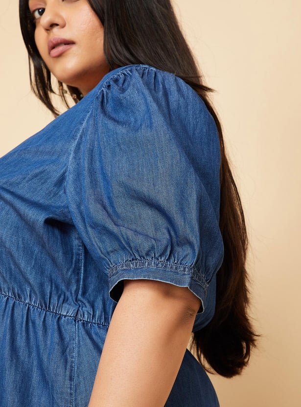 Women Solid Denim Midi Dress