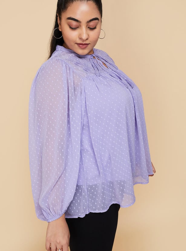 Women Dobby Tie-Up Neck Blouse