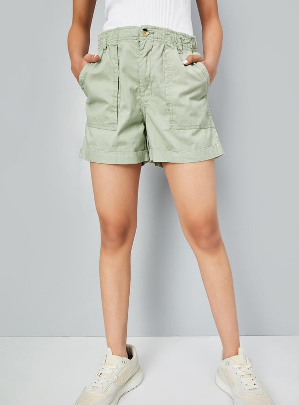 Girls Solid Elasticated High Rise Shorts