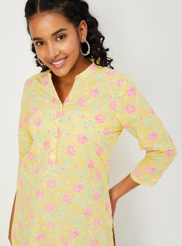 Women Floral Printed Band Collar Neck Straight Kurta