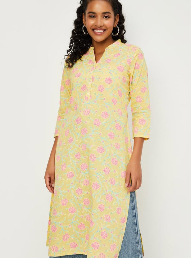 Women Floral Printed Band Collar Neck Straight Kurta
