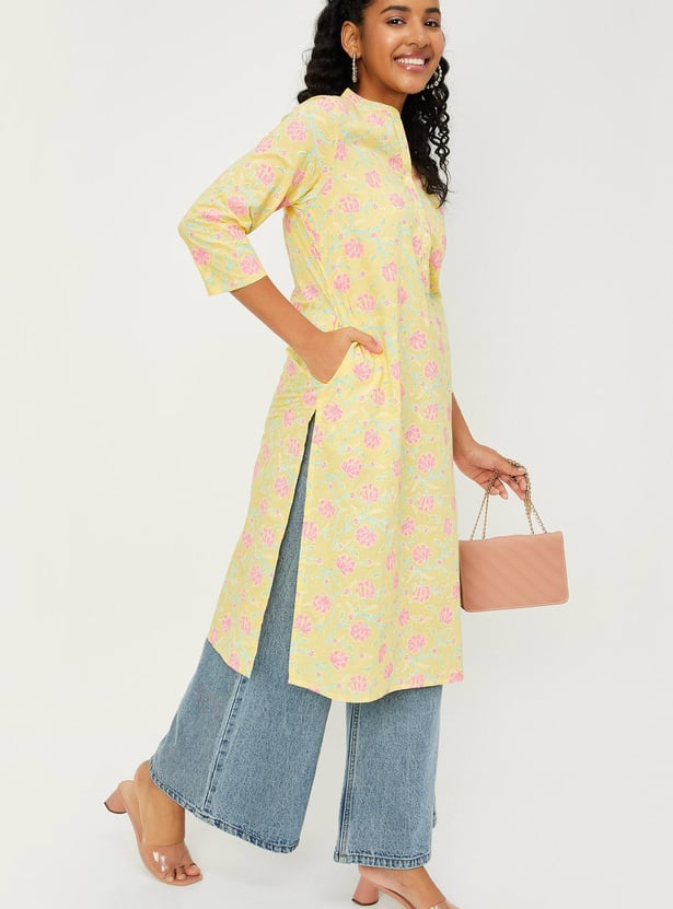 Women Floral Printed Band Collar Neck Straight Kurta