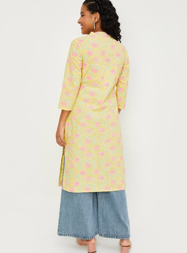 Women Floral Printed Band Collar Neck Straight Kurta