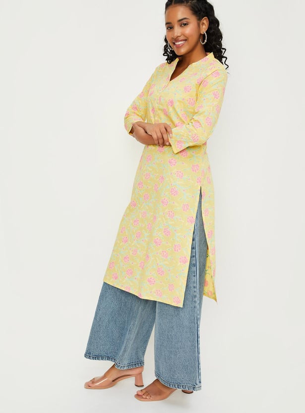 Women Floral Printed Band Collar Neck Straight Kurta