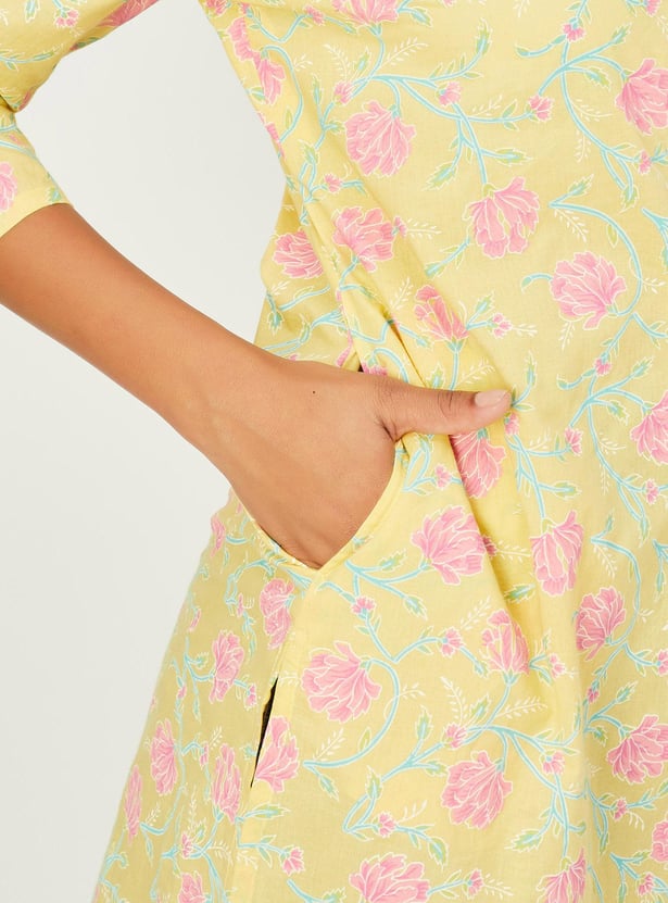 Women Floral Printed Band Collar Neck Straight Kurta