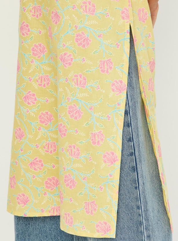 Women Floral Printed Band Collar Neck Straight Kurta
