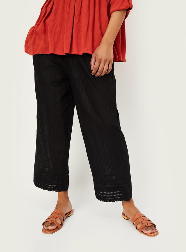 ISO Cuffs baggy pant cotton / linen stripe （BLACK） -FASCINATE