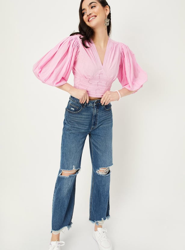 Women Solid Schiffli Crop Top