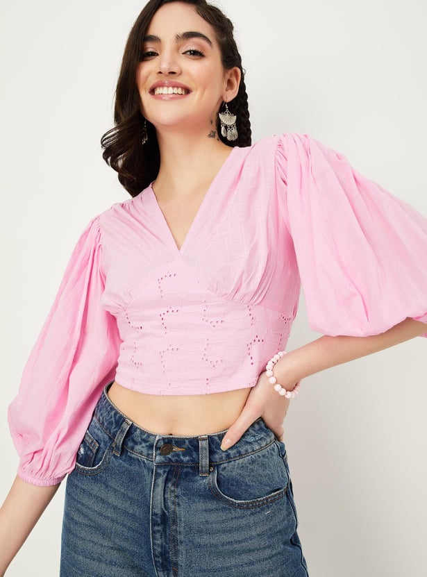 Women Solid Schiffli Crop Top