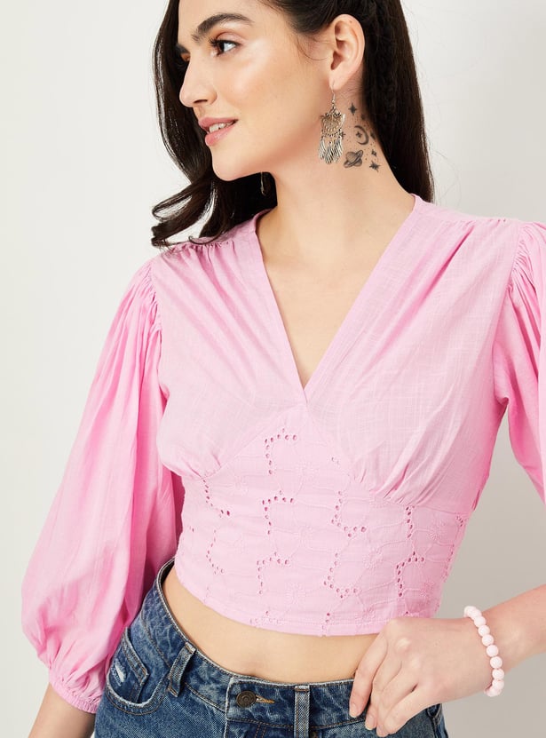 Women Solid Schiffli Crop Top