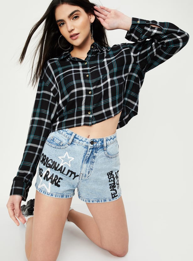 Women Checked Cropped Shirt