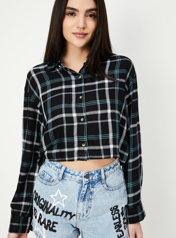 Women Checked Cropped Shirt