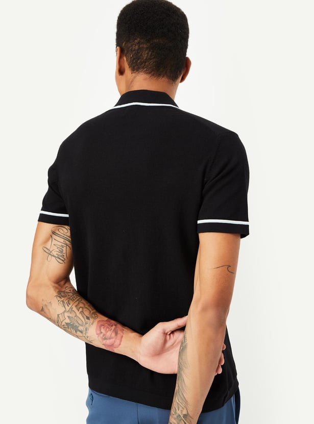 Men Striped Flat Knit Polo T-shirt