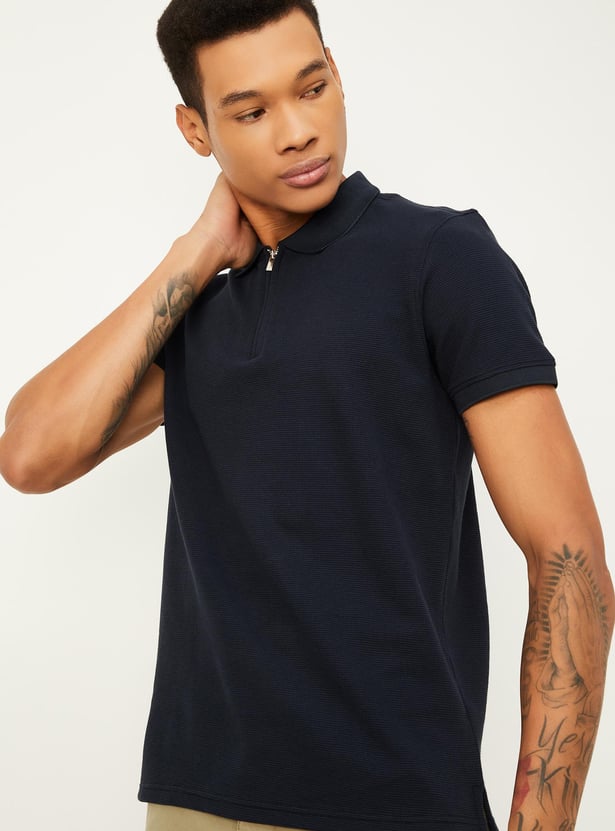 Men Textured Zipper Polo T-shirt