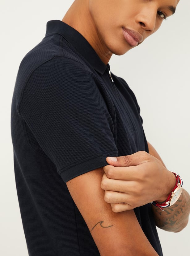 Men Textured Zipper Polo T-shirt