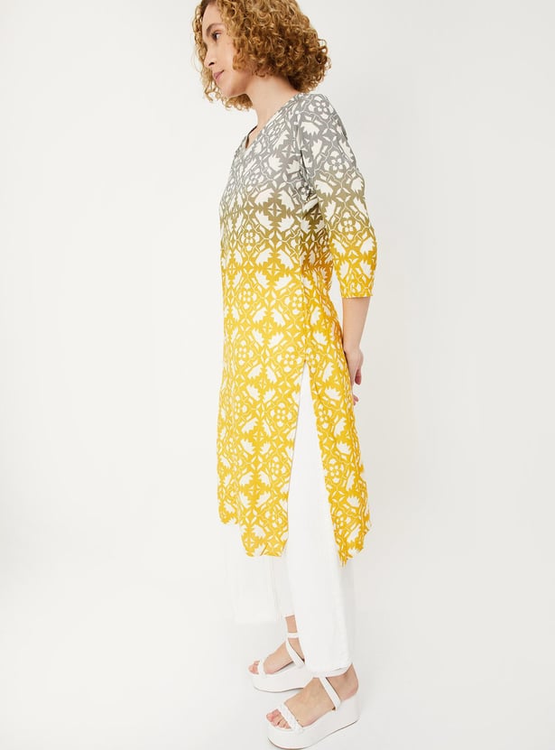 MIMOSA Women's Grey Printed Straight Kurta - Round Neck, 3/4 Sleeves, Calf Length Casual Wear - View #2