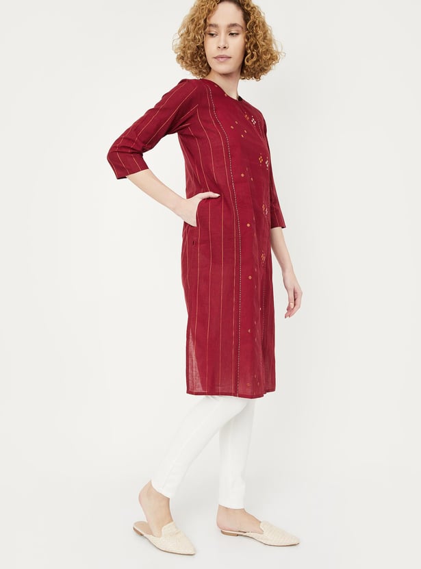 Women's Maroon Striped Straight Kurta