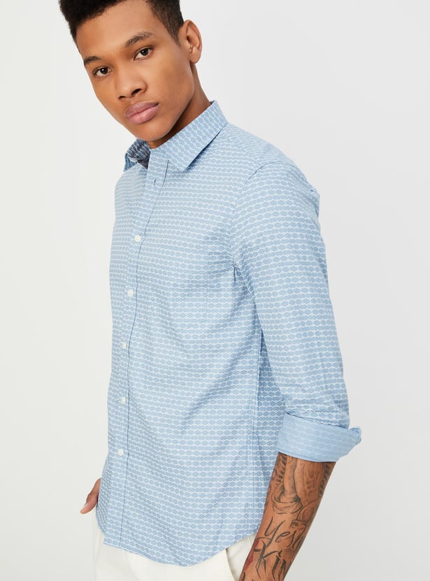 Men's Blue Smart Slim Fit Printed Cotton Casual Shirt