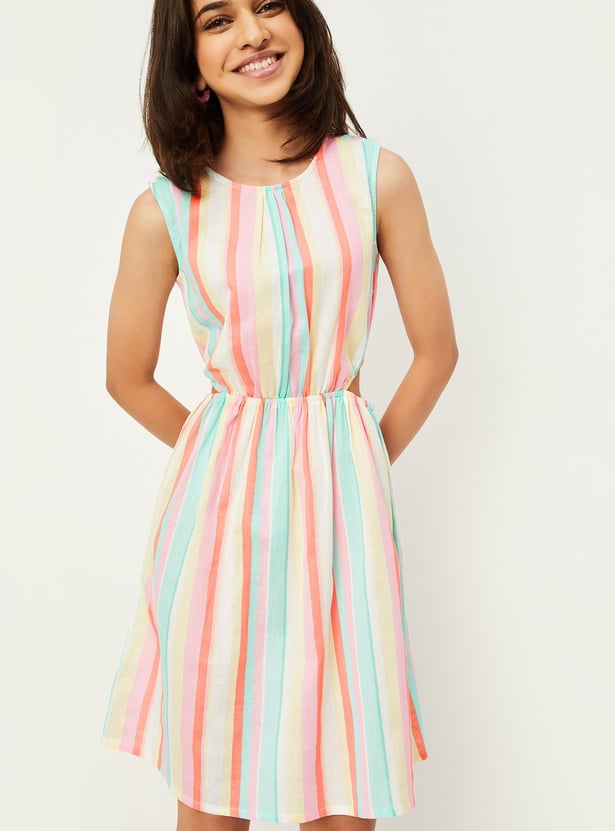 Girls Striped Cut-Out Waist Dress