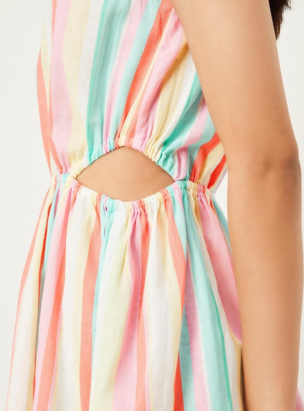 Girls Striped Cut-Out Waist Dress