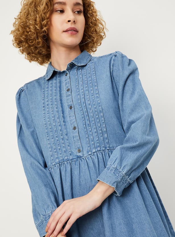 Women Solid Denim Shirt Dress