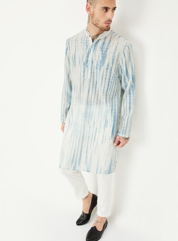 Men White Multi Tie And Dye Print Design Straight Kurta