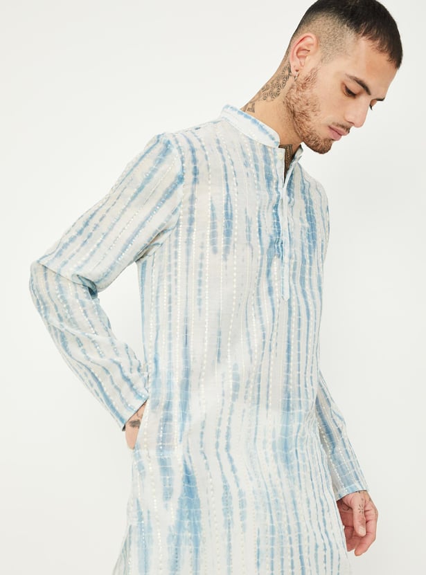 Men White Multi Tie And Dye Print Design Straight Kurta