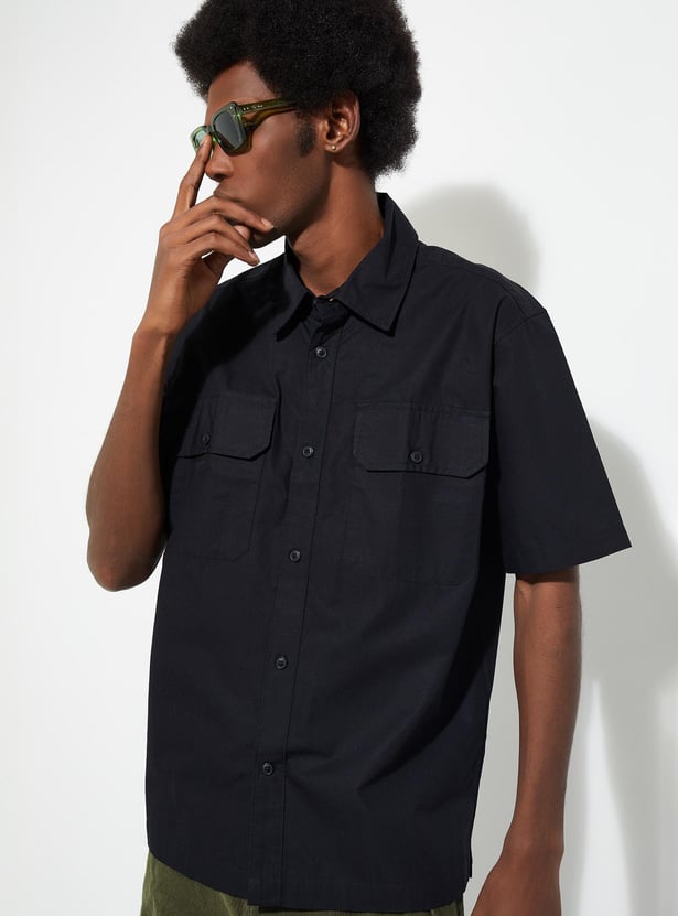 Black Shirt Men's Double Pocket Casual Shirt Buy URB_N Men