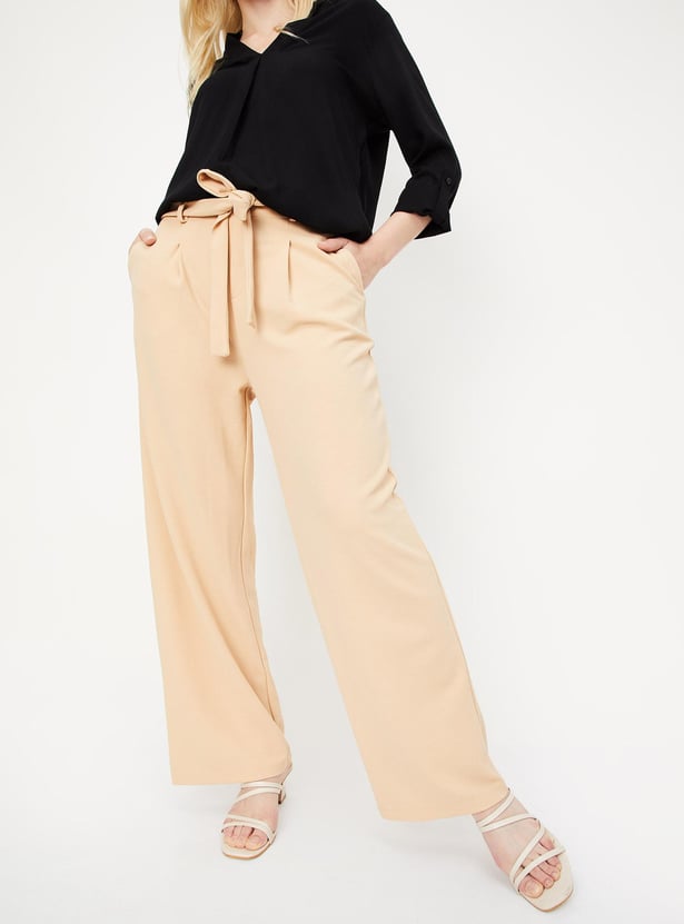 Women Solid Belted Wide Leg Trousers