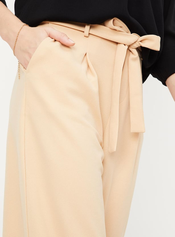 Women Solid Belted Wide Leg Trousers