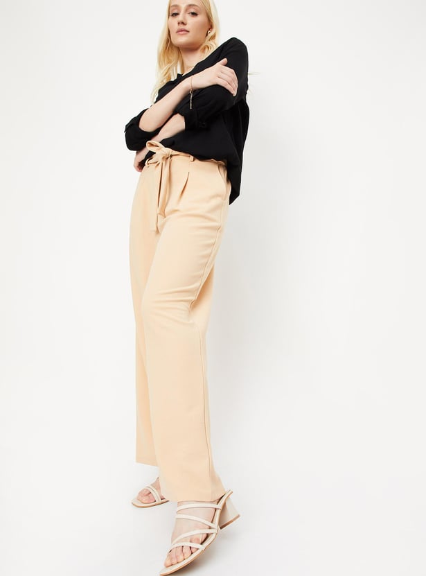 Women Solid Belted Wide Leg Trousers