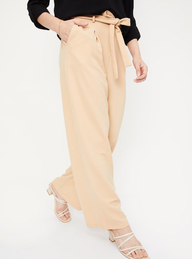 Women Solid Belted Wide Leg Trousers