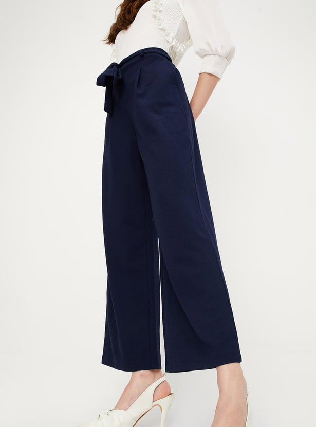 Women Solid Belted Wide Leg Trousers