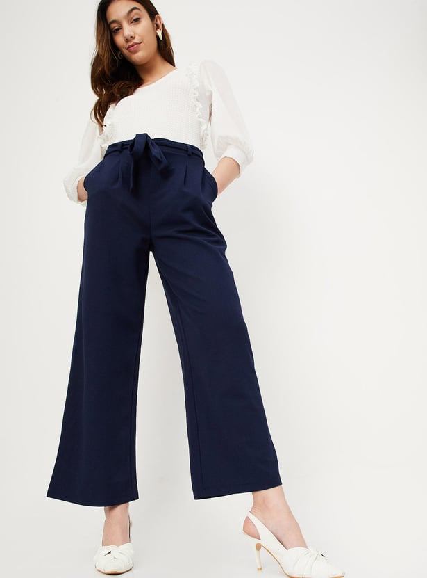 Women Solid Belted Wide Leg Trousers