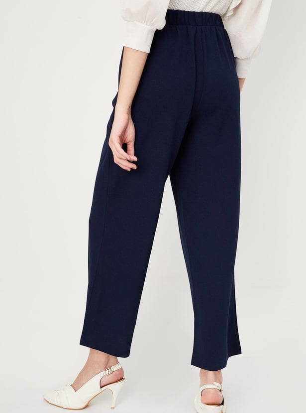 Women Solid Belted Wide Leg Trousers