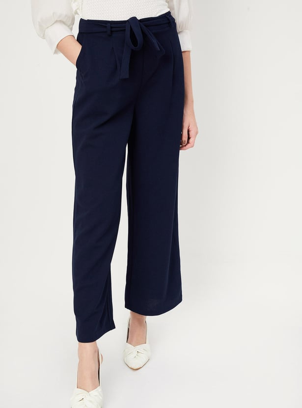 Women Solid Belted Wide Leg Trousers