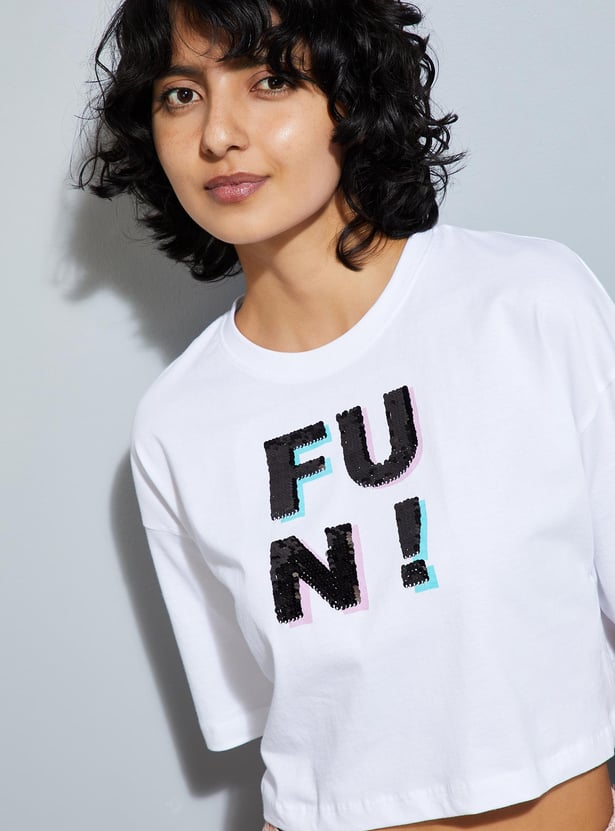 URB_N Women Sequinned Cropped T-shirt