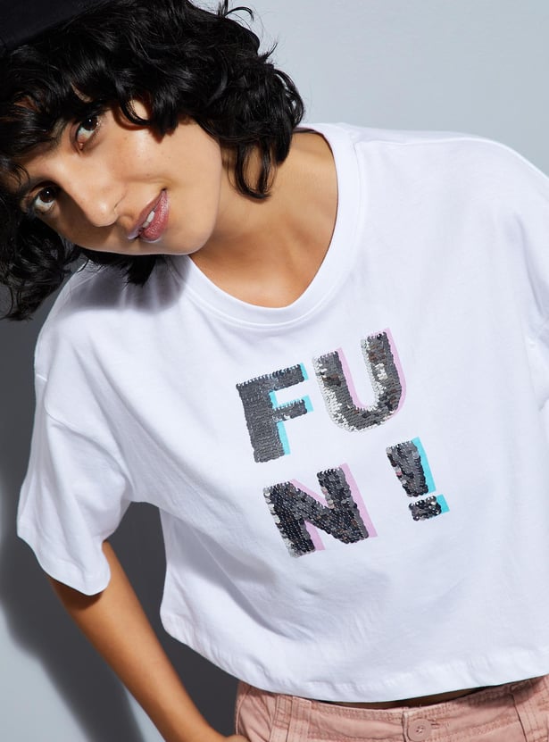 URB_N Women Sequinned Cropped T-shirt